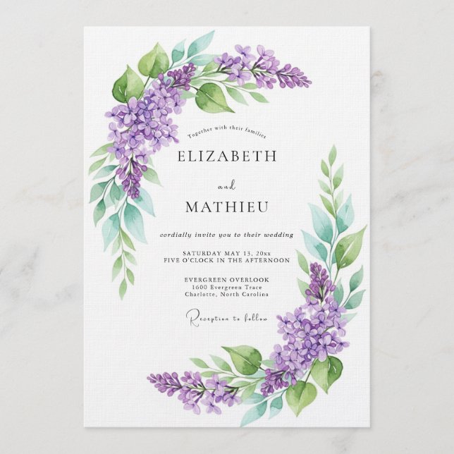 Convite Casamento Botânico Aquarela Lavanda (Frente)