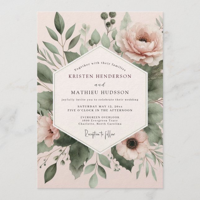 Convite Casamento Botânico Aquarela Rosa (Frente)