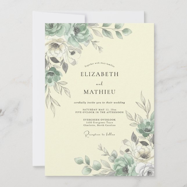 Convite Casamento Botânico Aquarela Sage (Frente)