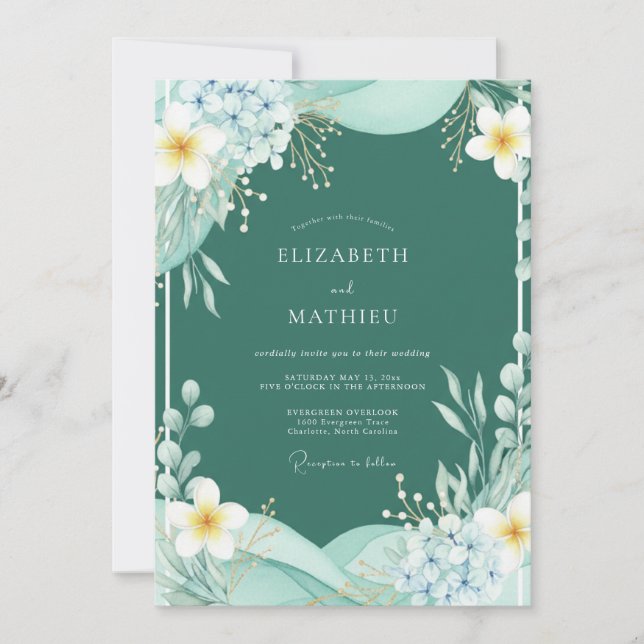 Convite Casamento Botânico Aquarela Verde Azul (Frente)