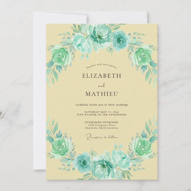 Convite Casamento Botânico Aquarela Verde Azul Menta (Frente)