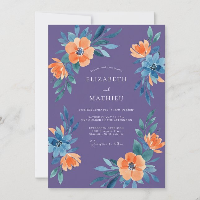 Convite Casamento Botânico Aquarela Violeta Laranja (Frente)