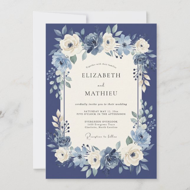 Convite Casamento Botânico Aristocrático Azul Marinho (Frente)