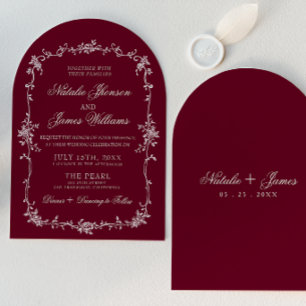Convite Casamento Botânico Arqueado Burgundy Floral Clássi
