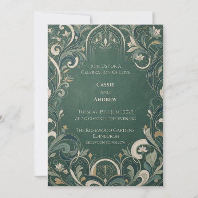 Convite Casamento Botânico Art Déco Esmeralda (Frente)