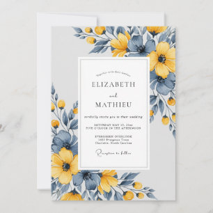 Convite Casamento Botânico Artístico Azul Ardesia