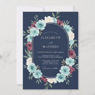 Convite Casamento Botânico Artístico Azul Marinho