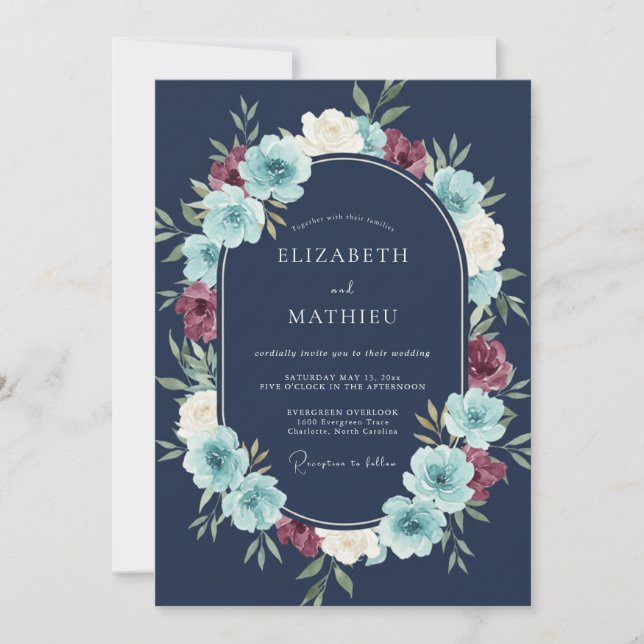 Convite Casamento Botânico Artístico Azul Marinho (Frente)