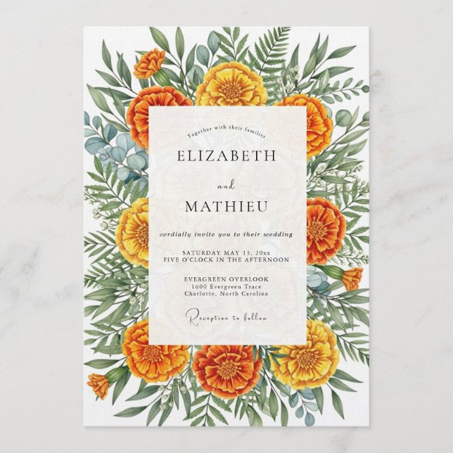 Convite Casamento Botânico Artístico de Marigold (Frente)