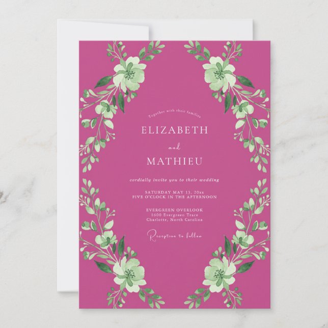 Convite Casamento Botânico Artístico Magenta (Frente)