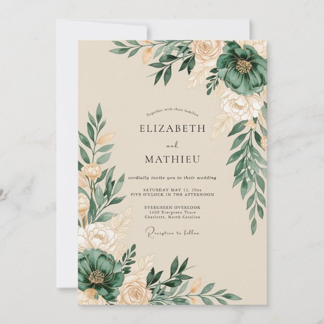 Convite Casamento Botânico Artístico Verde Caçador (Frente)