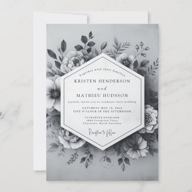 Convite Casamento Botânico Atemporal em Cinza Carvão (Frente)
