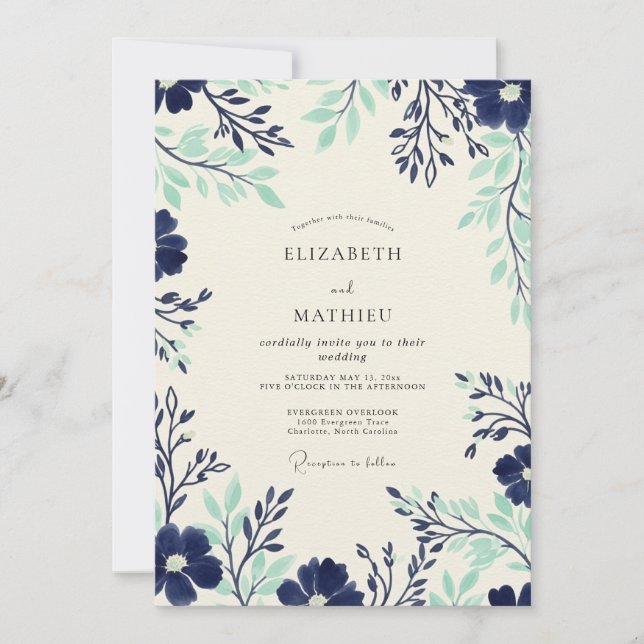 Convite Casamento Botânico Atemporal Navy Seafoam (Frente)