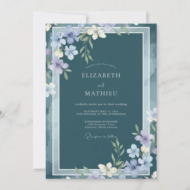 Convite Casamento Botânico Atmosférico Azul Ardósia (Frente)