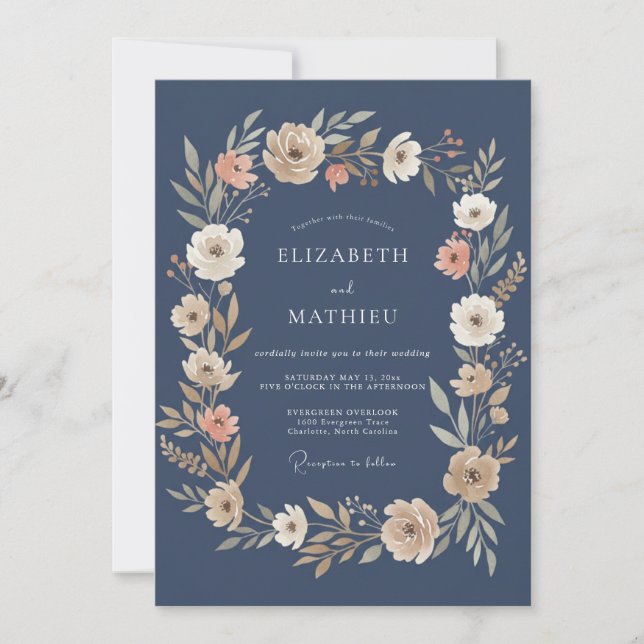 Convite Casamento Botânico Atmosférico Azul Marinho (Frente)