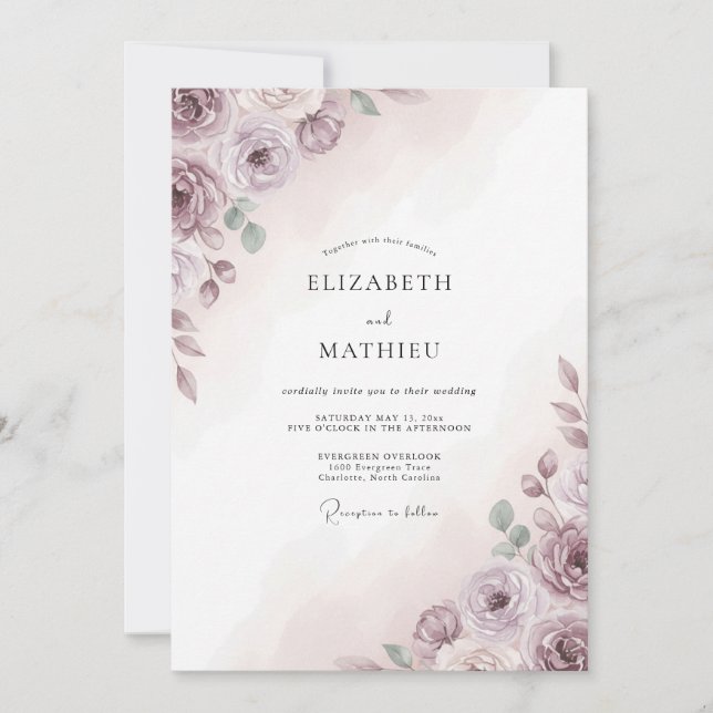 Convite Casamento Botânico Atmosférico Rosa Malva (Frente)