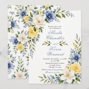 Convite Casamento Botânico Azul Amarelo
