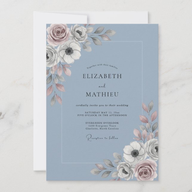 Convite Casamento Botânico Azul Ardesia Suave (Frente)