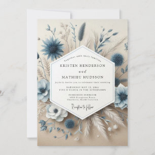 Convite Casamento Botânico Azul Ardósia Caprichoso