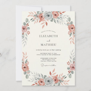 Convite Casamento Botânico Azul Ardósia Rosa Suave