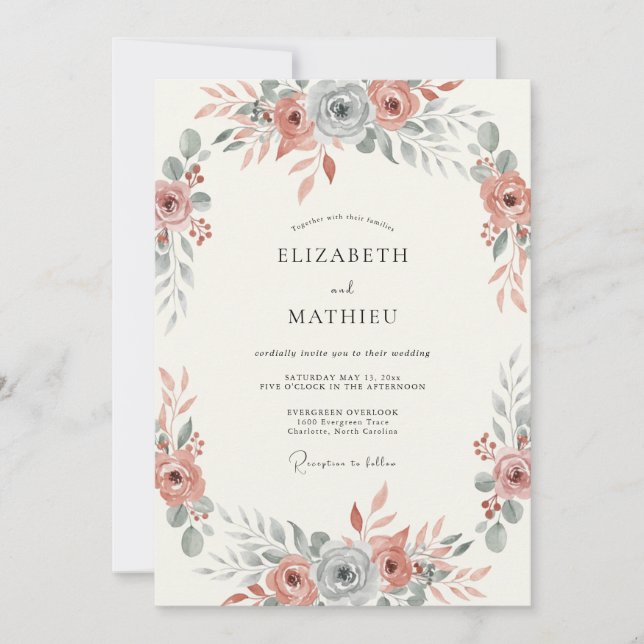Convite Casamento Botânico Azul Ardósia Rosa Suave (Frente)