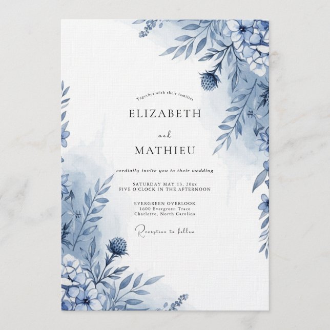Convite Casamento Botânico Azul Caprichoso (Frente)