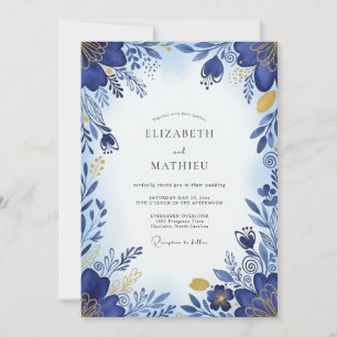 Convite Casamento Botânico Azul Cobalto Brilhante