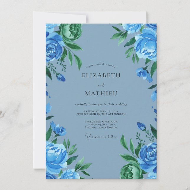 Convite Casamento Botânico Azul Cobalto Vibrante (Frente)