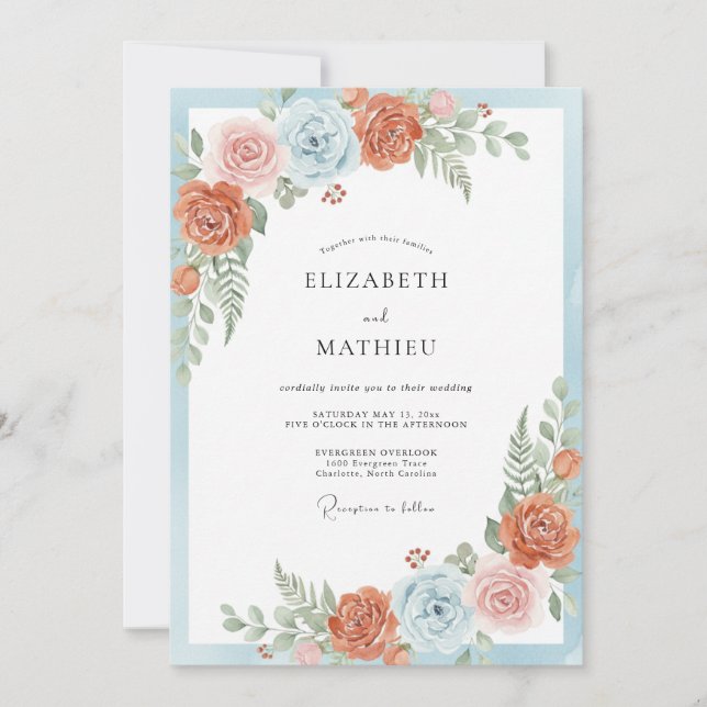 Convite Casamento Botânico Azul Coral Elegante (Frente)