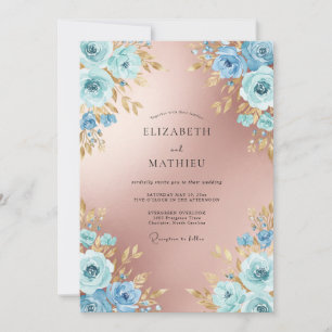 Convite Casamento Botânico Azul Elegante em Rose Gold