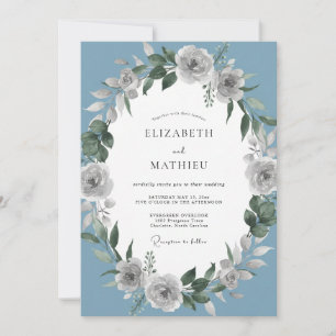 Convite Casamento Botânico Azul Empoeirado Caprichoso