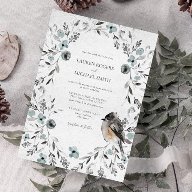 Convite Casamento Botânico Azul Estofado De Inverno (Winter Wedding Invitation)