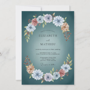 Convite Casamento Botânico Azul-Esverdeado Escuro