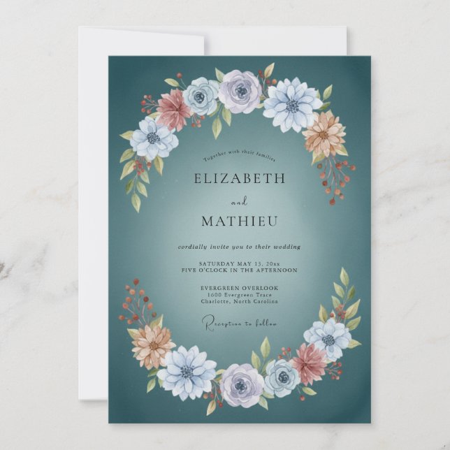 Convite Casamento Botânico Azul-Esverdeado Escuro (Frente)