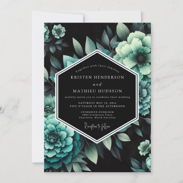 Convite Casamento Botânico Azul-Esverdeado Sombrio (Frente)