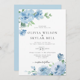 Convite Casamento Botânico Azul-Floral Azul Invi