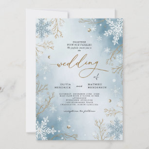 Convite Casamento Botânico Azul-Inverno de Frost Elegante
