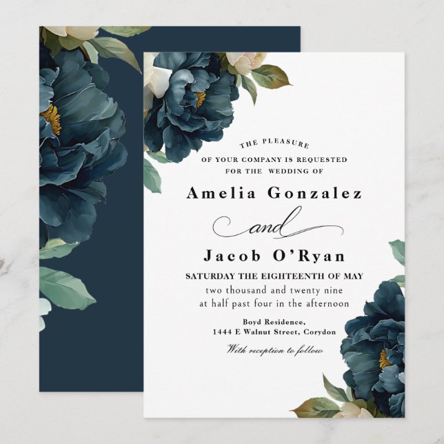 Convite Casamento Botânico Azul-Marinho Elegante  (Frente/Verso)