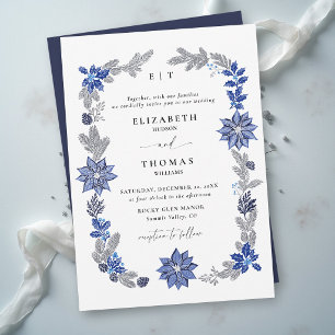 Convite Casamento Botânico Azul Naval Natal de Inverno