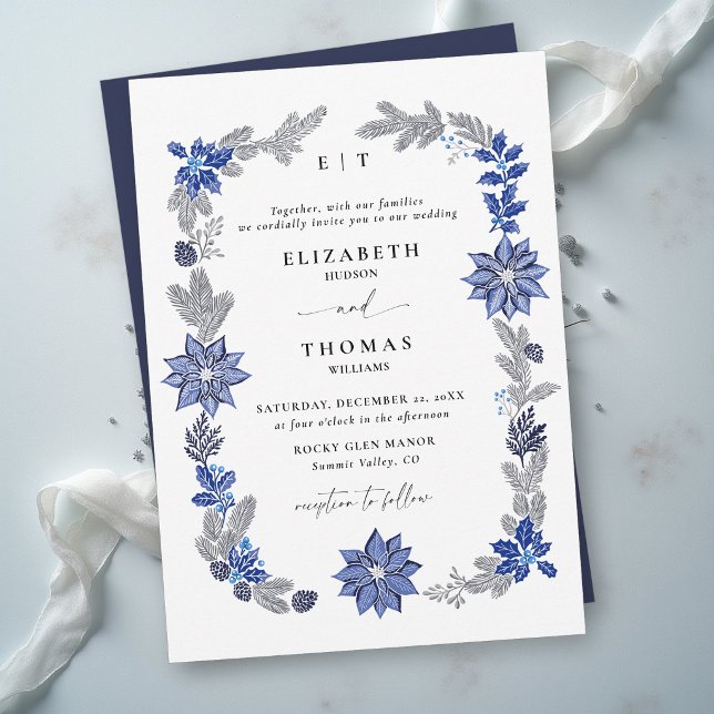 Convite Casamento Botânico Azul Naval Natal de Inverno (winter wedding invitation navy blue white botanical greenery foliage elegant modern classic formal)