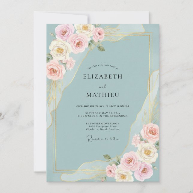 Convite Casamento Botânico Azul Pó (Frente)