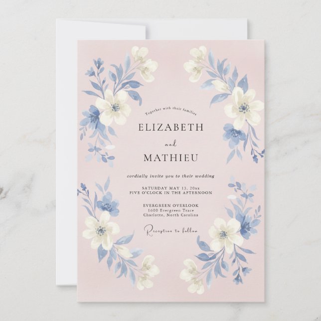 Convite Casamento Botânico Azul Rosa (Frente)