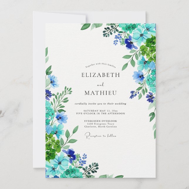Convite Casamento Botânico Azul Verde Vibrante (Frente)