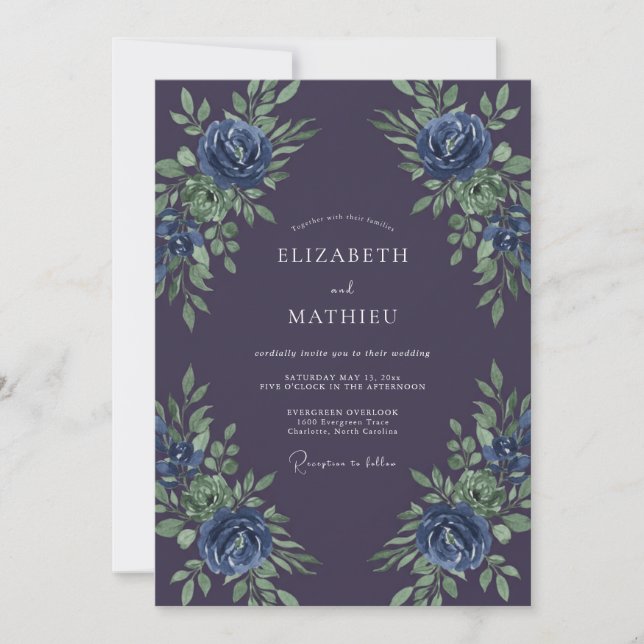 Convite Casamento Botânico Azul Violeta Profundo (Frente)