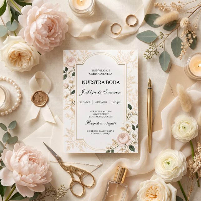 Convite Casamento Botânico Bege Romântico Floral (Criador carregado)