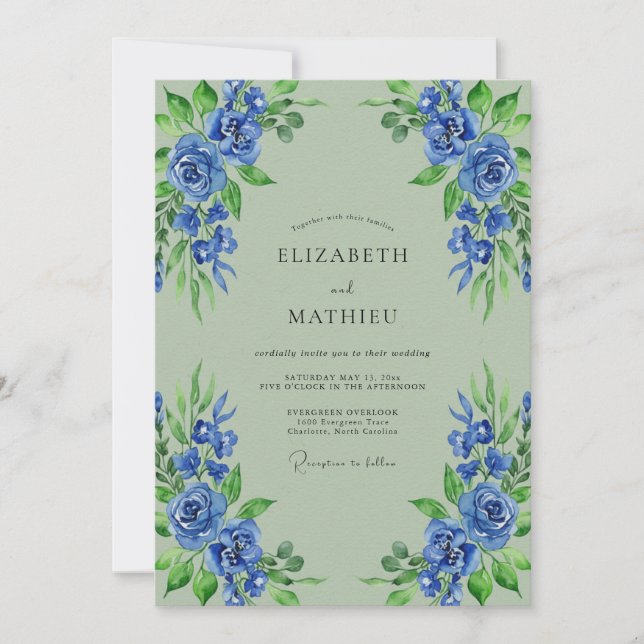 Convite Casamento Botânico Blue Bloom (Frente)