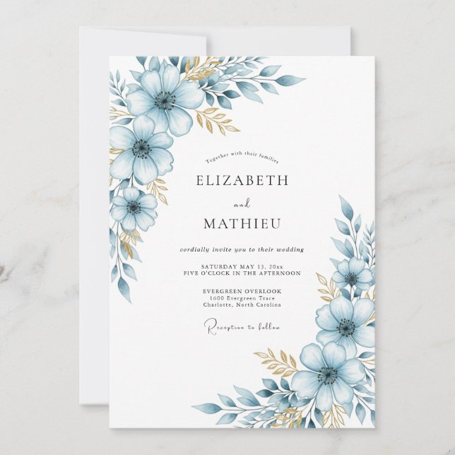 Convite Casamento Botânico Blue Soft Bloom (Frente)