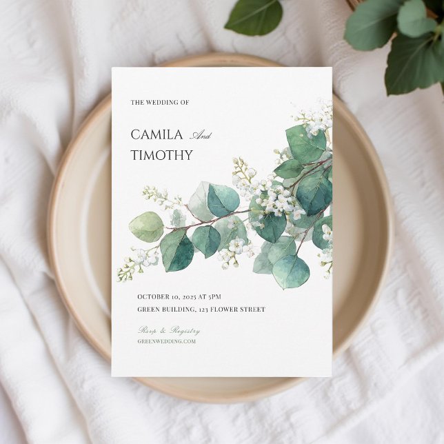 Convite Casamento Botânico Boho Aquarela Eucalipto Verde (Criador carregado)