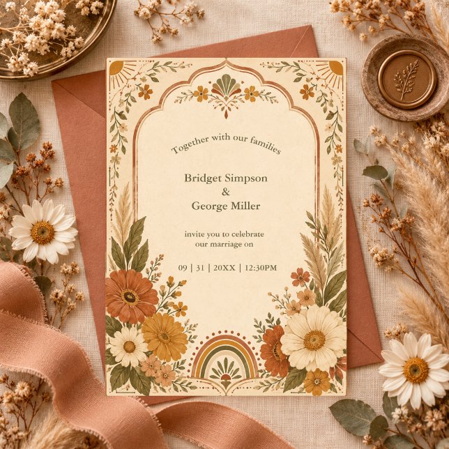 Convite Casamento Botânico Boho Florais Terrosos (Criador carregado)