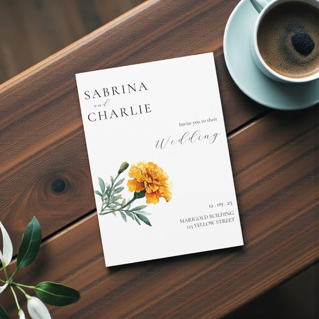 Convite Casamento Botânico Boho Laranja Amarelo Marigold  (Orange Yellow Marigold Boho Botanical Wedding Invitation)